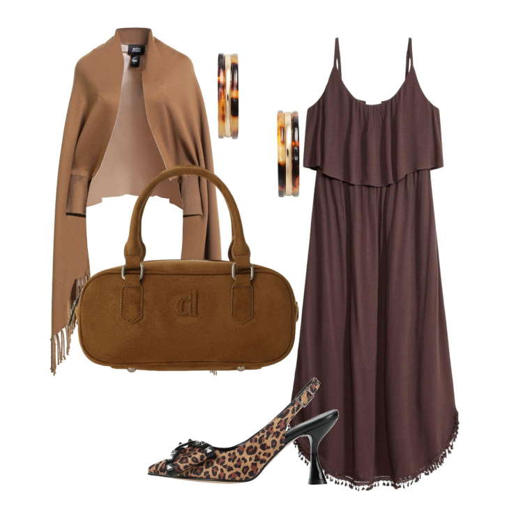 Outfit donna - Colori della terra. Stile Casual chic per Serata fuori. look ideale per Tall. Abbinamento con décolleté, cappe, vestiti lunghi, borse a mano, orecchini.