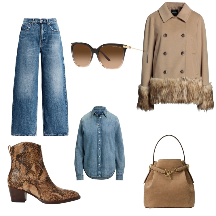 Outfit donna - Frizzante autunno. Stile Casual per Tutti i giorni. Abbinamento con cappotti, occhiali da sole, jeans, camicie, stivaletti, borse a secchiello.
