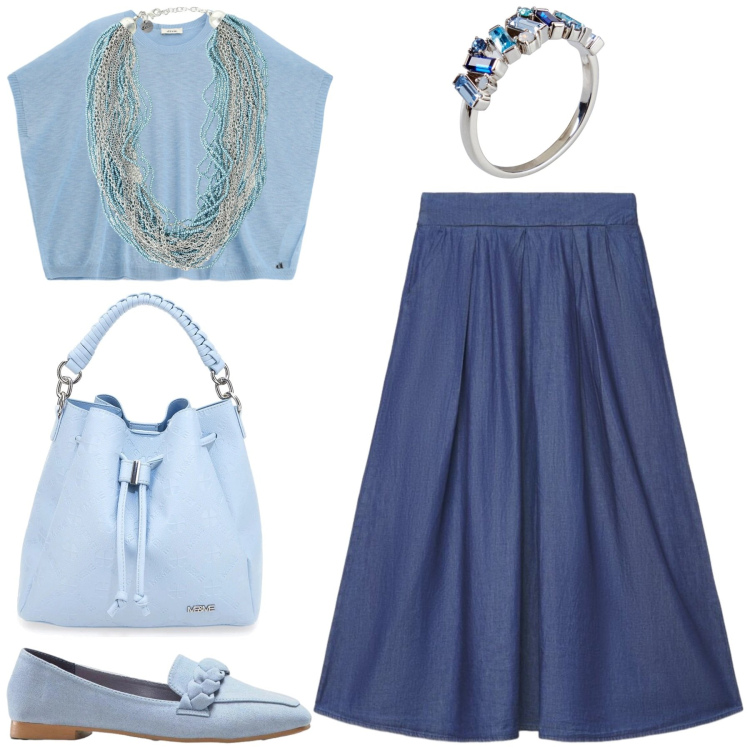 Outfit donna - Sfumature azzurro mare. Stile Chic per Tutti i giorni. Abbinamento con mocassini, anelli, gonne lunghe, collane, top, borse a secchiello.