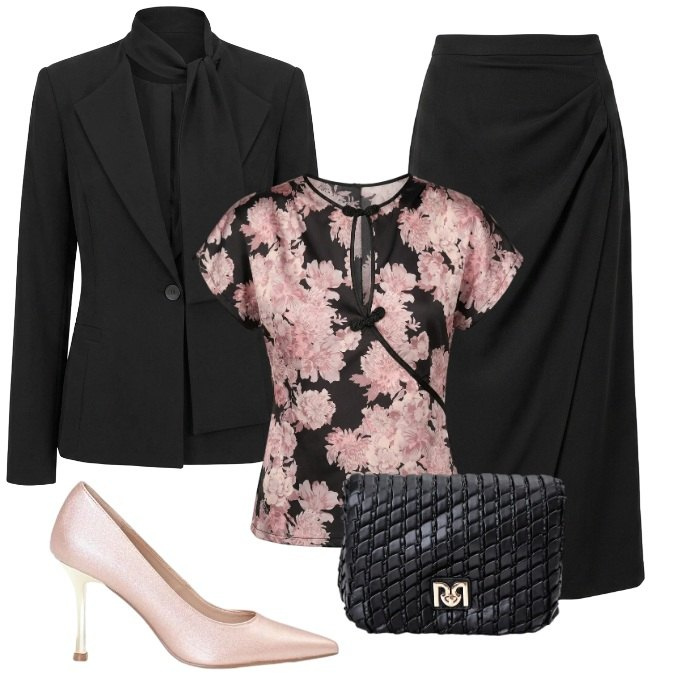 Outfit donna - Office chic/Formale Elegante. Stile Chic per Ufficio. Abbinamento con borse a tracolla, décolleté, top, gonne lunghe, blazer.