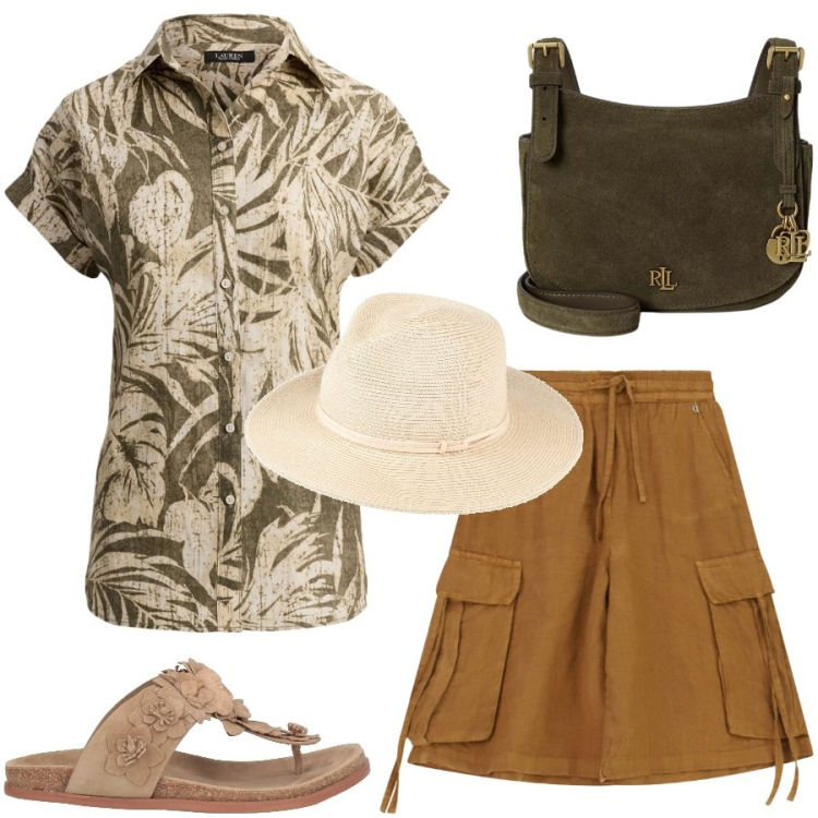 Outfit donna - Tour delle città d\'arte. Stile Casual chic per Tutti i giorni. Abbinamento con cappelli, infradito, bermuda, camicie a manica corta, borse a tracolla.