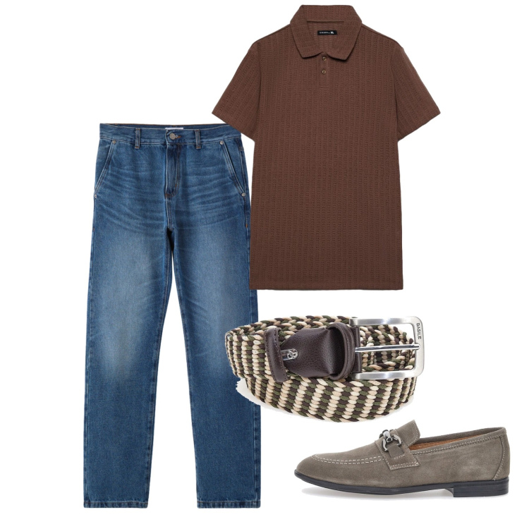 Outfit uomo - Agosto. Stile Casual per Tutti i giorni. Abbinamento con jeans dritti, polo, scarpe stringate, cinture.