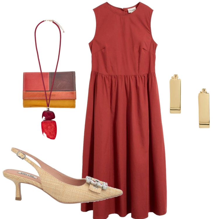 Outfit donna - Agosto. Stile Casual per Tutti i giorni. Abbinamento con décolleté, vestiti midi/longuette, ciondoli, orecchini, portafogli.