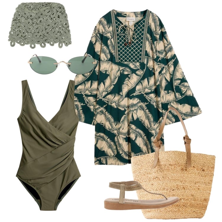 Outfit donna - Fascino kaftano. Stile Casual chic per Mare. Abbinamento con vestiti, shopping bag, costumi interi, accessori per capelli, occhiali da sole, infradito.