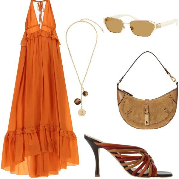 Outfit donna - E siamo in Agosto....... Stile Casual chic per Serata fuori. Abbinamento con vestiti lunghi, sandali col tacco, borse a spalla, occhiali da sole, collane.
