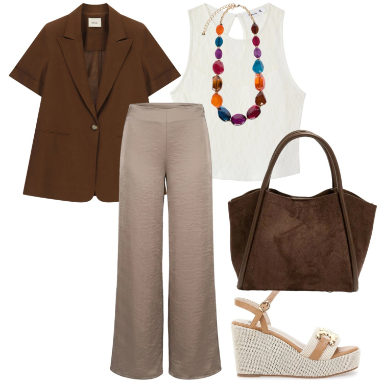 Outfit donna - In giacca. per Ufficio. Abbinamento con top, blazer, borse a spalla, pantaloni a palazzo, collane, zeppe.