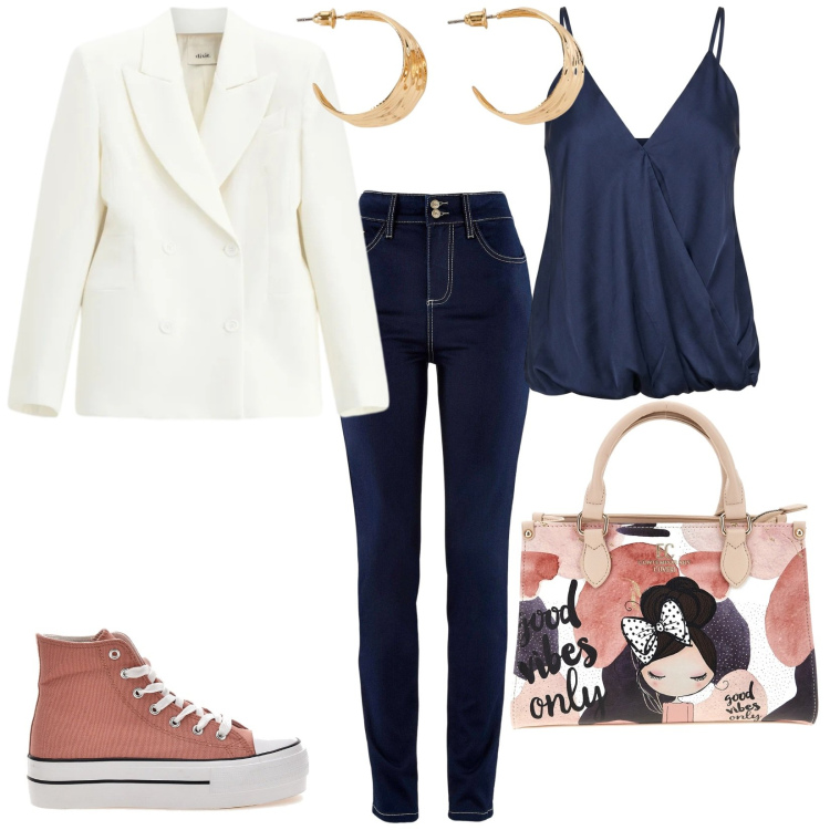 Outfit donna - Una giornata semplice. per Tutti i giorni. Abbinamento con jeans slim fit, orecchini, blazer, top, borse a mano, sneakers.