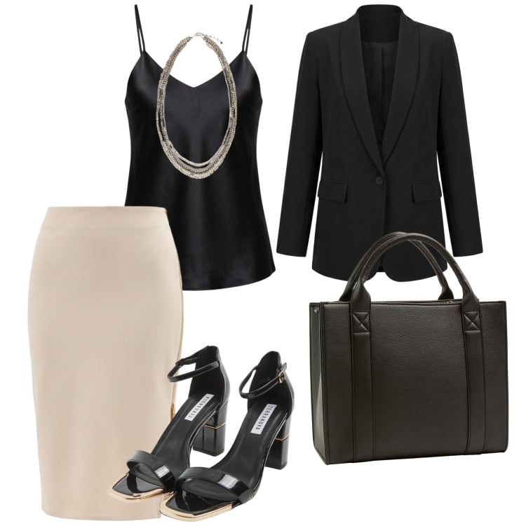 Outfit donna - A lavoro. per Ufficio. Abbinamento con sabot, borse tote, canottiere, gonne longuette, blazer, collane.