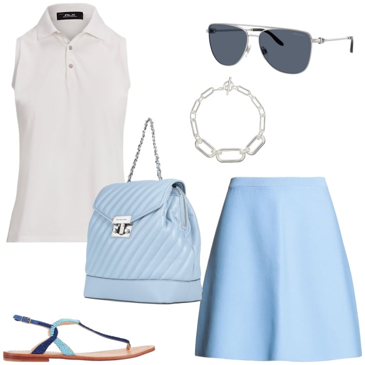 Outfit donna - Agosto in azzurro. Stile Casual chic per Tutti i giorni. Abbinamento con infradito, minigonne, zaini, polo, occhiali da sole, collane.