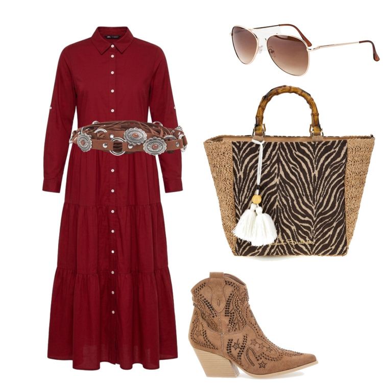 Outfit donna - In campagna. per Tutti i giorni. Abbinamento con occhiali da sole, vestiti chemisier, cinture, stivaletti texani, borse a mano.