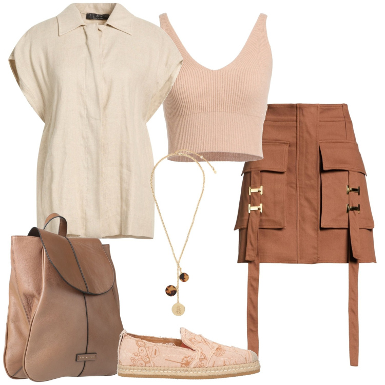 Outfit donna - Multitasche. Stile Preppy per Serata fuori. Abbinamento con minigonne, espadrillas, top, zaini, camicie a manica corta, collane.