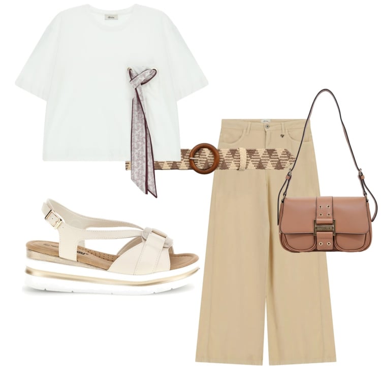 Outfit donna - Total look #2446772. Stile Casual per Ufficio. Abbinamento con cinture, pantaloni a palazzo, t-shirt, sandali, borse a spalla.