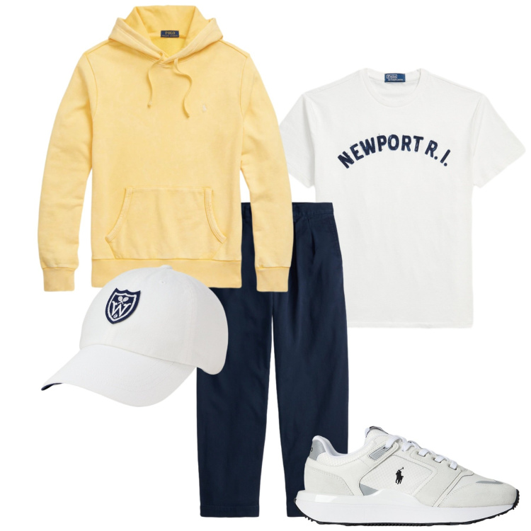 Outfit uomo - Total look #2446780. Stile Casual per Sport. Abbinamento con sneakers, t-shirt, pantaloni chino, felpe con cappuccio, cappelli con visiera.