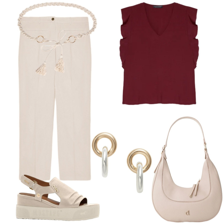 Outfit donna - A spasso con stile. Stile Casual chic per Tutti i giorni. Abbinamento con sandali, borse a tracolla, canottiere, pantaloni, cinture, orecchini.