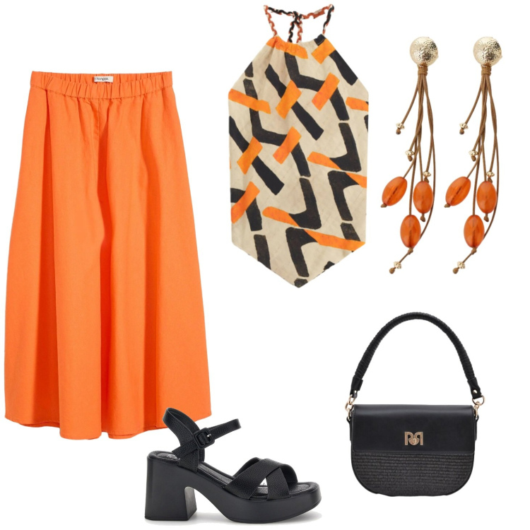 Outfit donna - Arancio e nero. Stile Casual per Tutti i giorni. Abbinamento con gonne longuette, orecchini, top, borse a spalla, sandali col tacco.