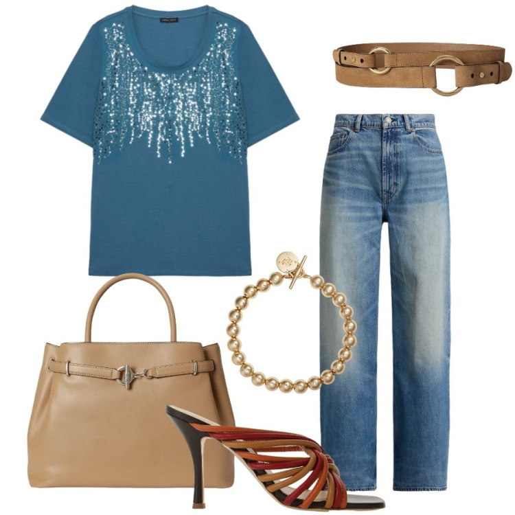 Outfit donna - Total look #2446795. Stile Casual chic per Tutti i giorni. Abbinamento con sandali col tacco, t-shirt, braccialetti, borse a mano, jeans, cinture.