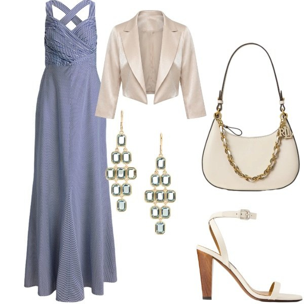 Outfit donna - Matrimonio in vista. Stile Glamour per Cerimonia. Abbinamento con bolero, vestiti lunghi, sandali in pelle, borse a spalla, orecchini.