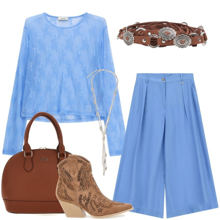 Outfit donna - Total look #2446798. Stile Casual chic per Tutti i giorni. Abbinamento con cinture, pantaloni a palazzo, top, collane, stivaletti texani, borse a mano.