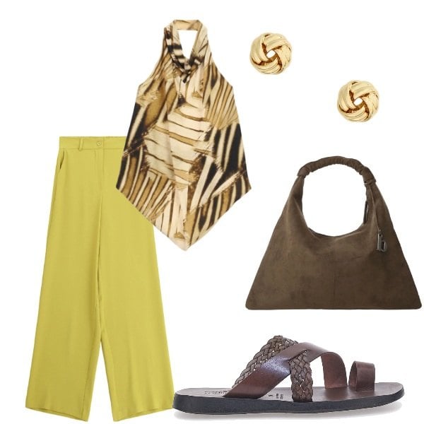 Outfit donna - E siamo in Agosto....... Stile Casual per Tutti i giorni. Abbinamento con pantaloni a palazzo, borse a spalla, top, orecchini, ciabatte.