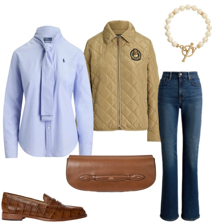 Outfit donna - Total look #2446801. Stile Casual chic per Tutti i giorni. Abbinamento con clutch, giacche, jeans, collane, camicie, mocassini.