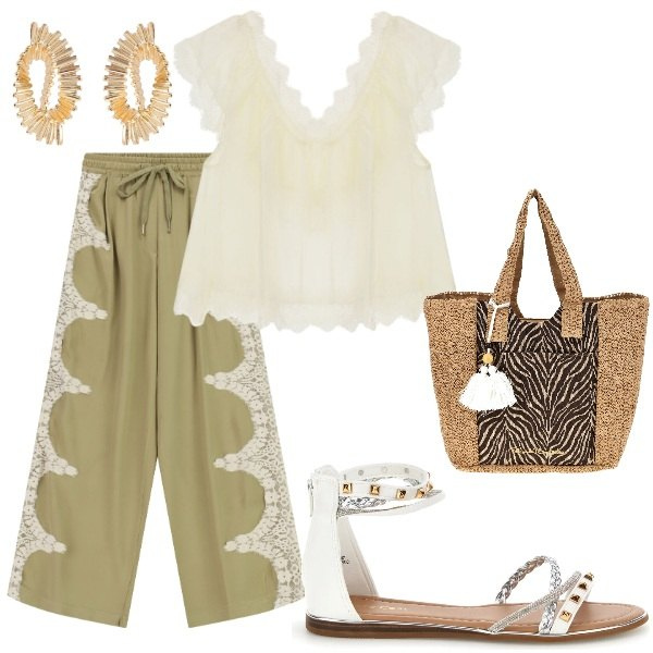 Outfit donna - Particolari. Stile Casual chic per Serata fuori. Abbinamento con pantaloni a palazzo, orecchini, top, borse a spalla, sandali.