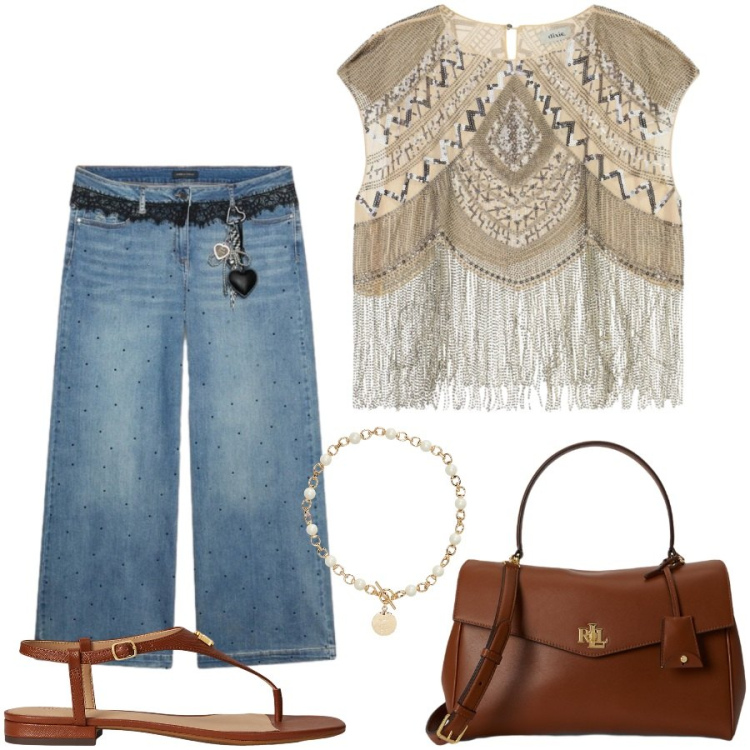 Outfit donna - Total look #2446806. Stile Casual chic per Tutti i giorni. Abbinamento con top, jeans, collane, sandali in pelle, borse a mano.