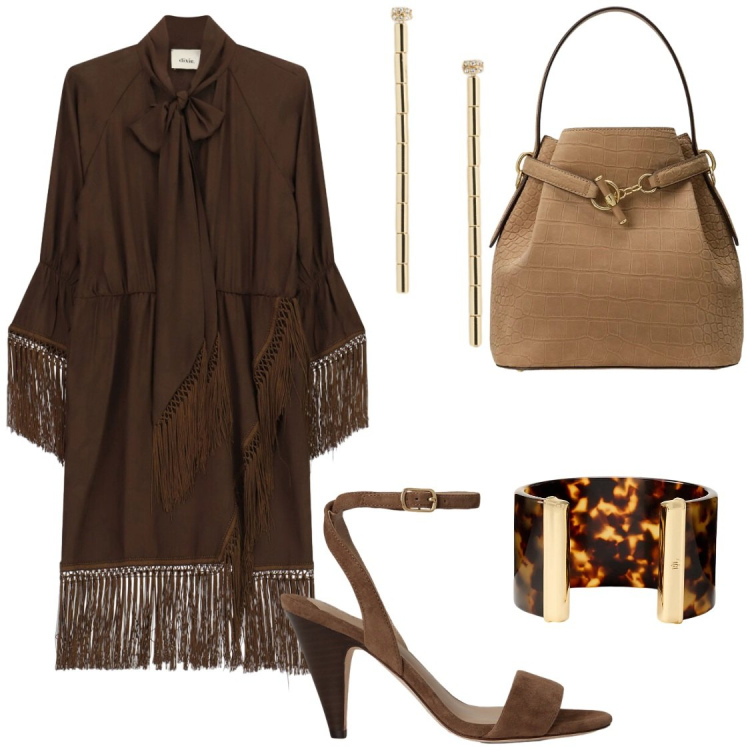 Outfit donna - Fredde serate estive in glamour. Stile Glamour per Serata fuori. Abbinamento con vestiti corti, orecchini, sandali in pelle, borse a secchiello, braccialetti.