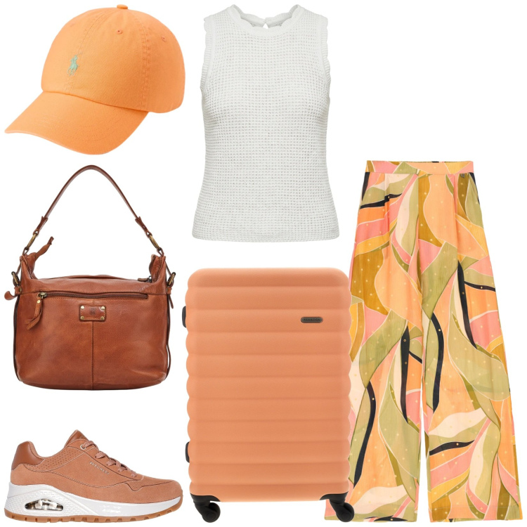 Outfit donna - Total look #2446811. Stile Casual per Tutti i giorni. Abbinamento con pantaloni a palazzo, canottiere, cappelli con visiera, sneakers, borse a spalla, valigie.