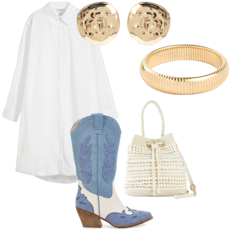 Outfit donna - Camperos. Stile Trendy per Serata fuori. Abbinamento con orecchini, vestiti chemisier, stivaletti texani, borse a secchiello, braccialetti.