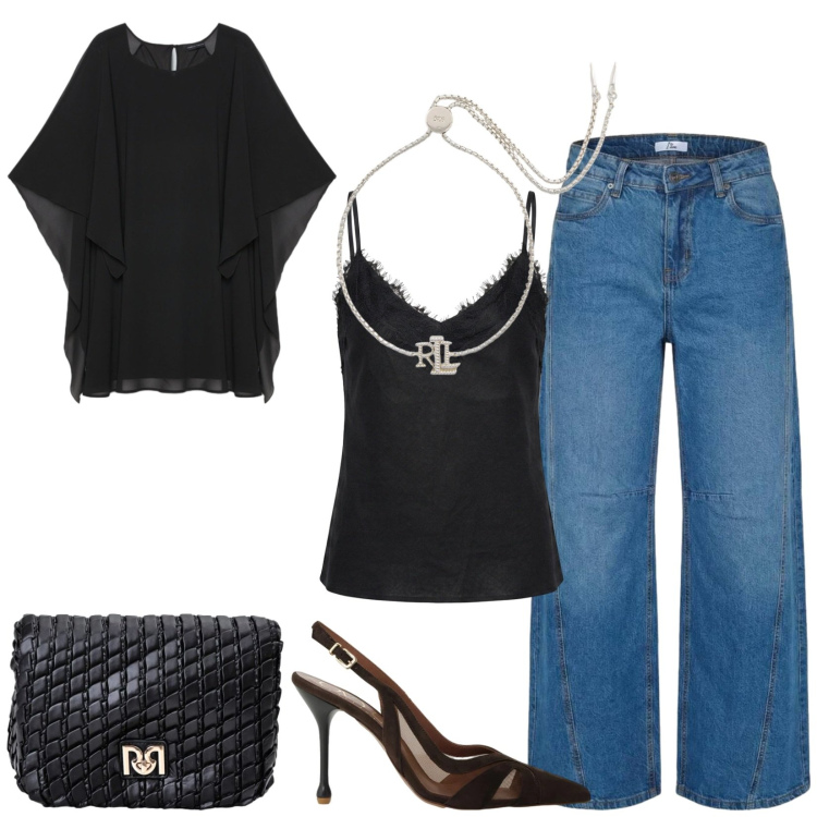 Outfit donna - Total look #2446814. Stile Casual chic per Serata fuori. Abbinamento con jeans, décolleté, borse a tracolla, top, vestiti corti, braccialetti.