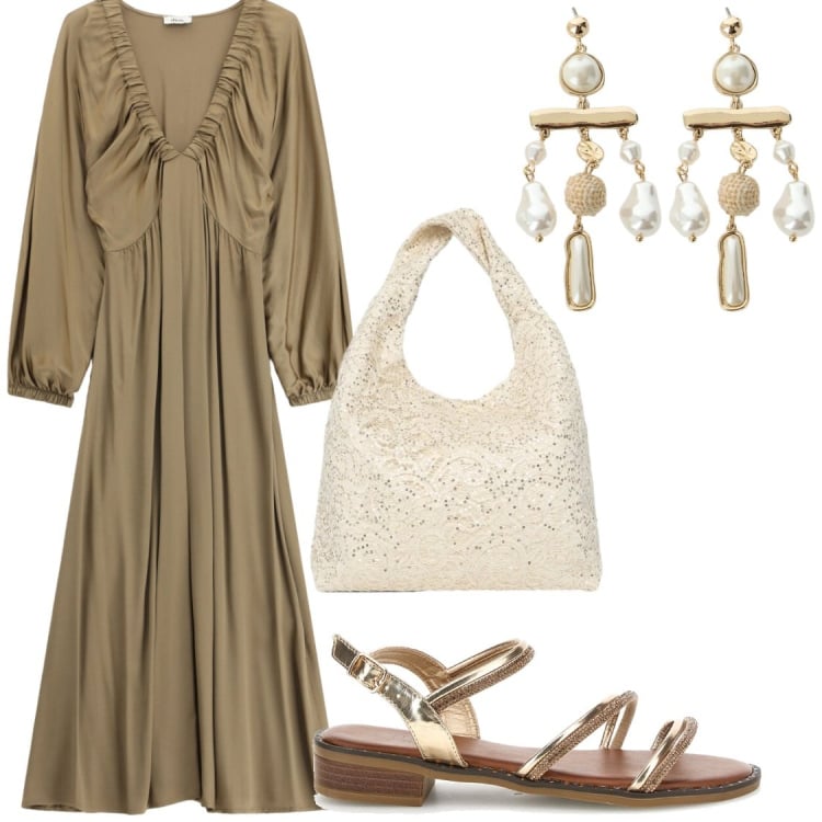 Outfit donna - Vestiti lunghi#Dixie. Stile Chic per Serata fuori. Abbinamento con borse a spalla, orecchini, vestiti midi/longuette, sandali col tacco.