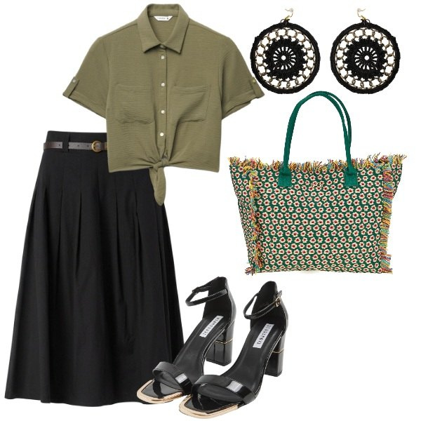 Outfit donna - Serata tra amici. Stile Casual chic per Serata fuori. Abbinamento con sabot, camicie a manica corta, gonne longuette, orecchini, shopping bag.