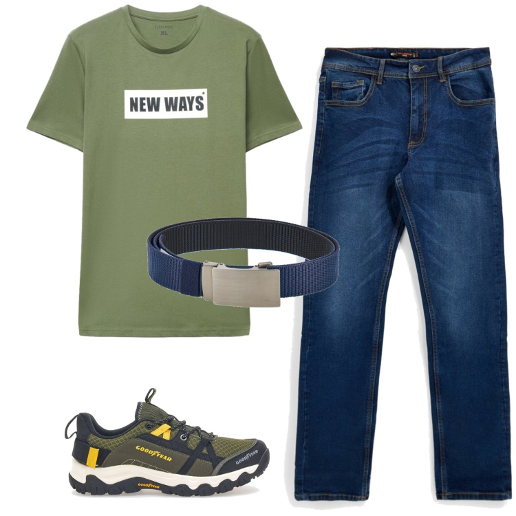 Outfit uomo - Total look #2446817. Stile Casual per Tutti i giorni. Abbinamento con t-shirt, stivali e stivaletti, jeans, cinture.