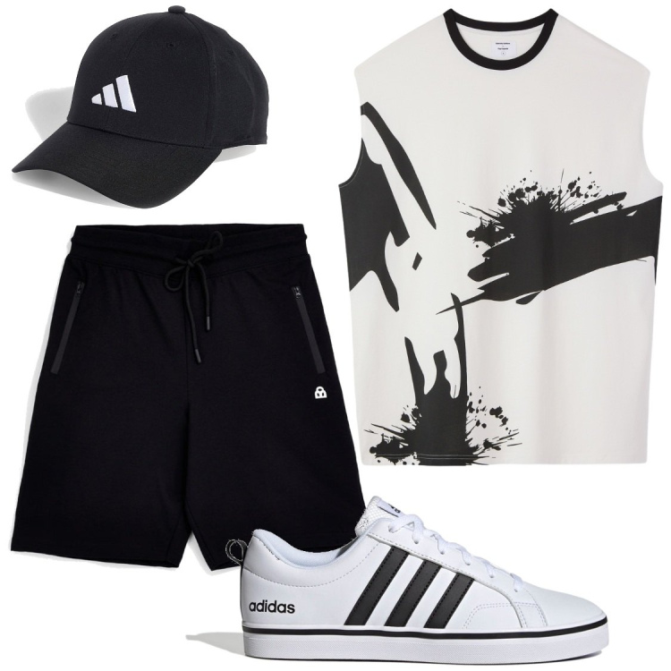 Outfit uomo - Street mood. Stile Casual per Tutti i giorni. Abbinamento con t-shirt, cappelli con visiera, sneakers, shorts.