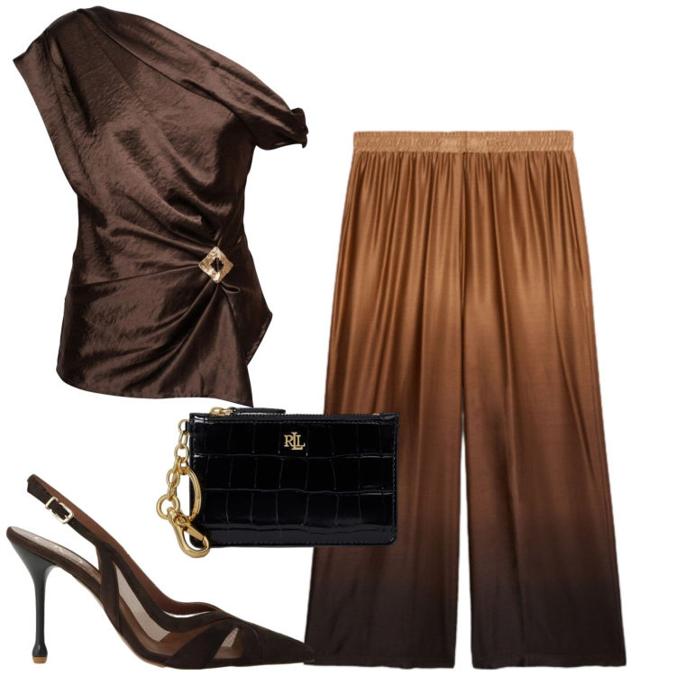 Outfit donna - Brow power. Stile Chic per Serata fuori. Abbinamento con décolleté, top, pantaloni a palazzo, portafogli.