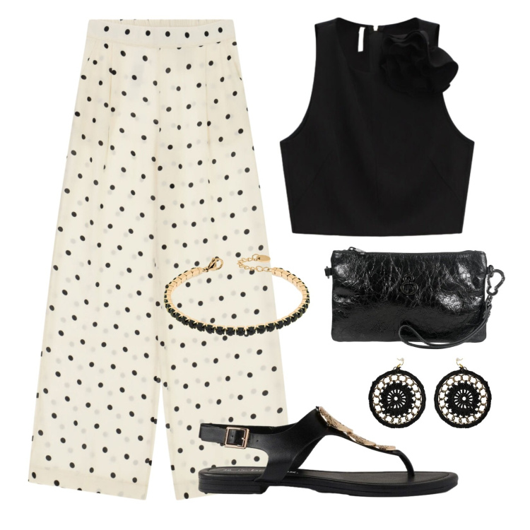 Outfit donna - Serata al mare. Stile Trendy per Serata fuori. Abbinamento con sandali, orecchini, pantaloni a palazzo, top, braccialetti, pochette.