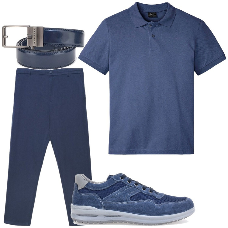 Outfit uomo - Total blu. Stile Casual per Ufficio. Abbinamento con polo, pantaloni, sneakers, cinture.