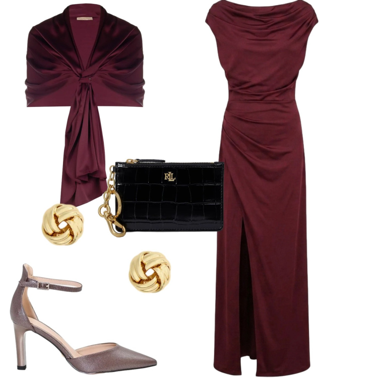 Outfit donna - Serata speciale. Stile Chic per Serata fuori. Abbinamento con stole, décolleté, vestiti, portafogli, orecchini.