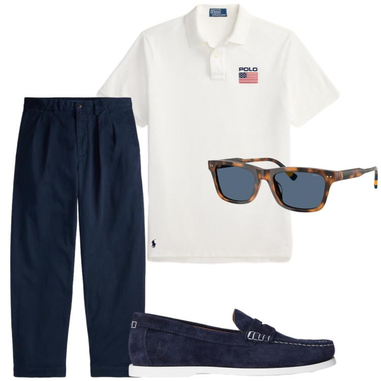 Outfit uomo - Total look #2446830. Stile Trendy per Ufficio. Abbinamento con occhiali da sole, scarpe stringate, pantaloni chino, polo.