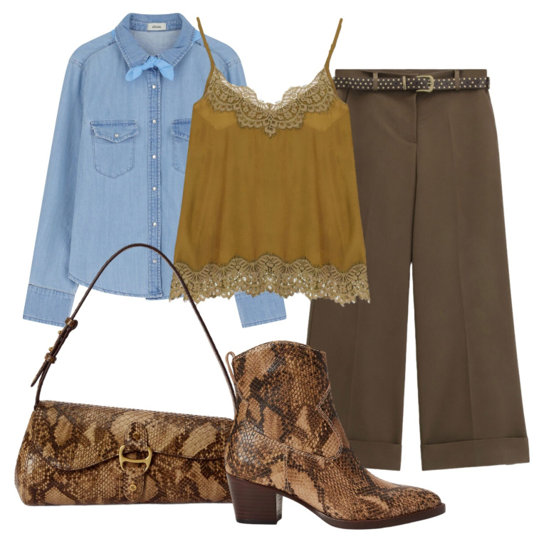 Outfit donna - Total look #2446837. Stile Trendy per Ufficio. Abbinamento con top, pantaloni a palazzo, camicie, borse a tracolla, stivaletti.