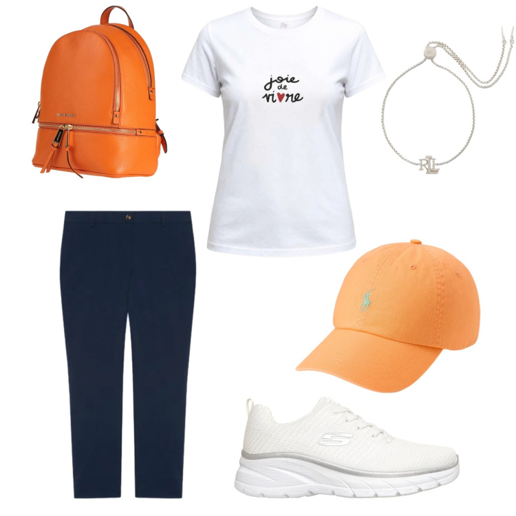 Outfit donna - Semplicità e freschezza. Stile Casual per Tutti i giorni. Abbinamento con zaini, t-shirt, pantaloni, braccialetti, cappelli con visiera, sneakers.