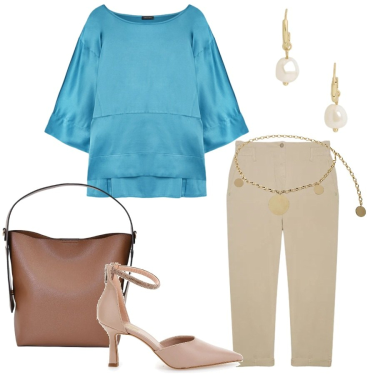 Outfit donna - Total look #2446843. Stile Casual chic per Tutti i giorni. Abbinamento con cinture, borse a mano, bluse, pantaloni, orecchini, décolleté.