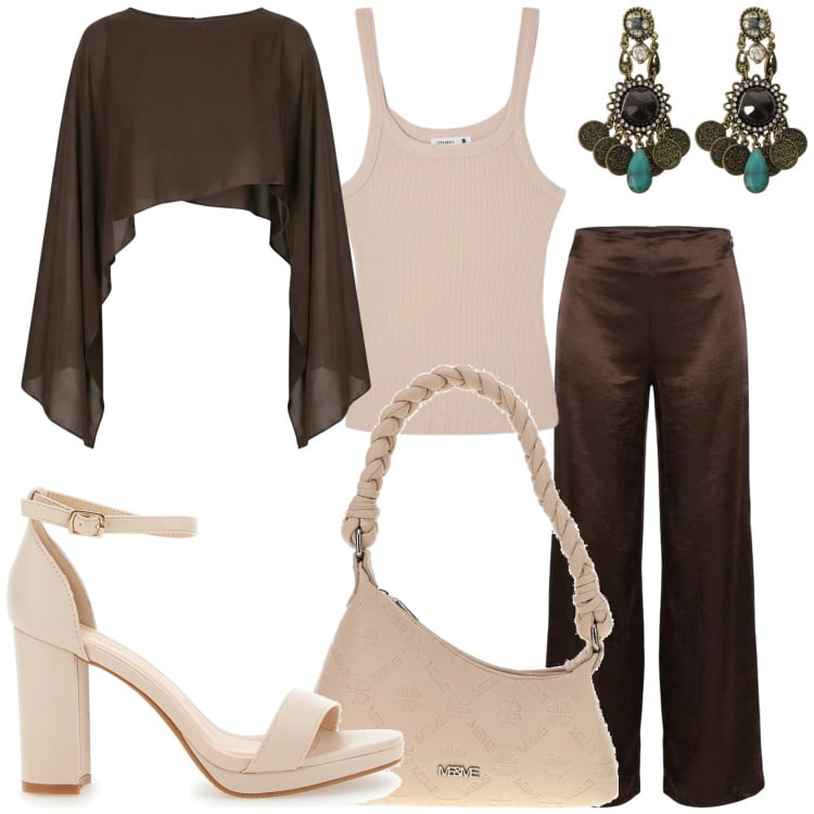 Outfit donna - Serata elegante estiva. Stile Glamour per Serata fuori. Abbinamento con canottiere, orecchini, pantaloni a palazzo, top, borse a spalla, sandali col tacco.