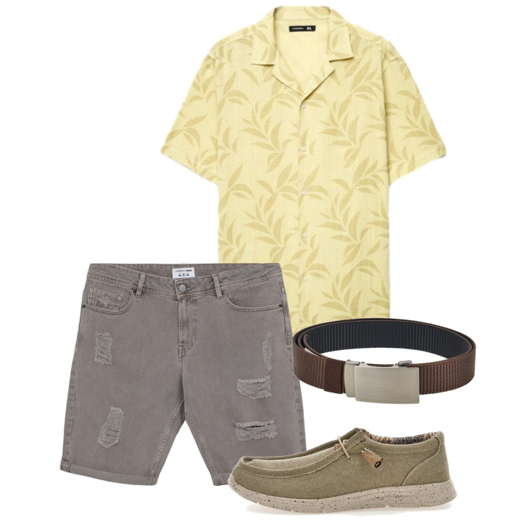Outfit uomo - Agosto. Stile Casual per Tutti i giorni. Abbinamento con bermuda, camicie a manica corta, scarpe stringate, cinture.