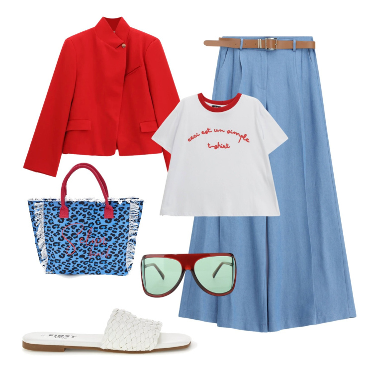 Outfit donna - Look da copiare. Stile Urban per Mare. Abbinamento con t-shirt, occhiali da sole, blazer, jeans, borse a mano, ciabatte.
