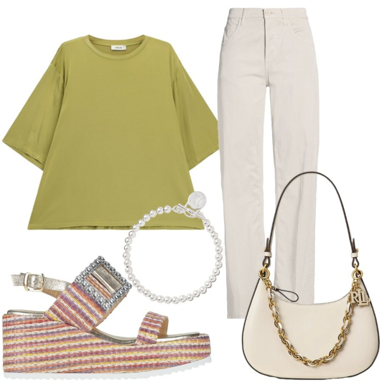 Outfit donna - Total look #2446857. Stile Casual chic per Tutti i giorni. Abbinamento con pantaloni, sandali in pelle, t-shirt, braccialetti, borse a spalla.