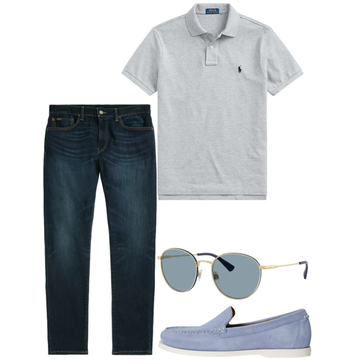 Outfit uomo - Agosto. Stile Casual per Tutti i giorni. Abbinamento con jeans, polo, occhiali da sole, scarpe stringate.