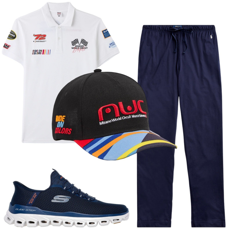 Outfit uomo - Total look #2446861. Stile Casual per Mare. Abbinamento con cappelli con visiera, polo, pantaloni, sneakers.