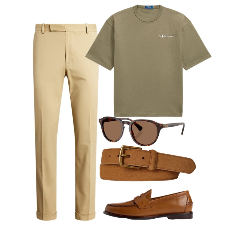 Outfit uomo - Agosto. Stile Casual per Tutti i giorni. Abbinamento con scarpe stringate, pantaloni chino, t-shirt, cinture, occhiali da sole.