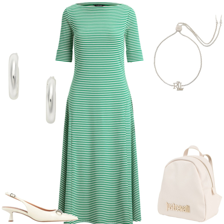 Outfit donna - In città. Stile Chic per Serata fuori. Abbinamento con décolleté, zaini, vestiti, orecchini, braccialetti.
